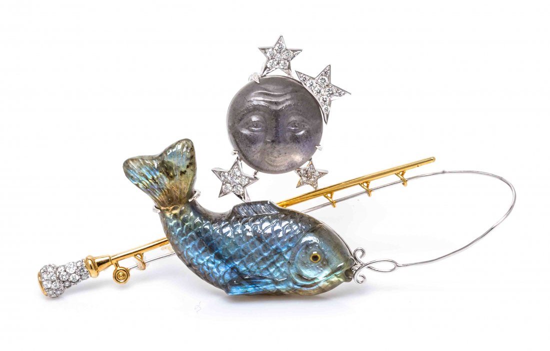 An 18 Karat Gold, Labradorite and Diamond Brooch,: An 18 Karat Gold, Labradorite and Diamond Brooch, Michael Youssoufian, containing one carved labradorite fish and carved moonface and numerous pave set round brilliant diamonds weighing 0.62 carat tot