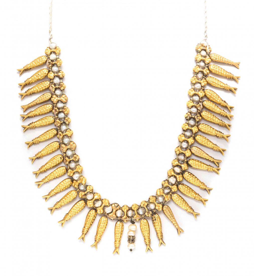 An Antique Yellow Gold and Pearl Fish Necklace, 21.90: An Antique Yellow Gold and Pearl Fish Necklace, in an archaic design, consisting of 32 textured hollowform stylized fish motif pendants suspended from a chain strung with textured gold spacers and sem