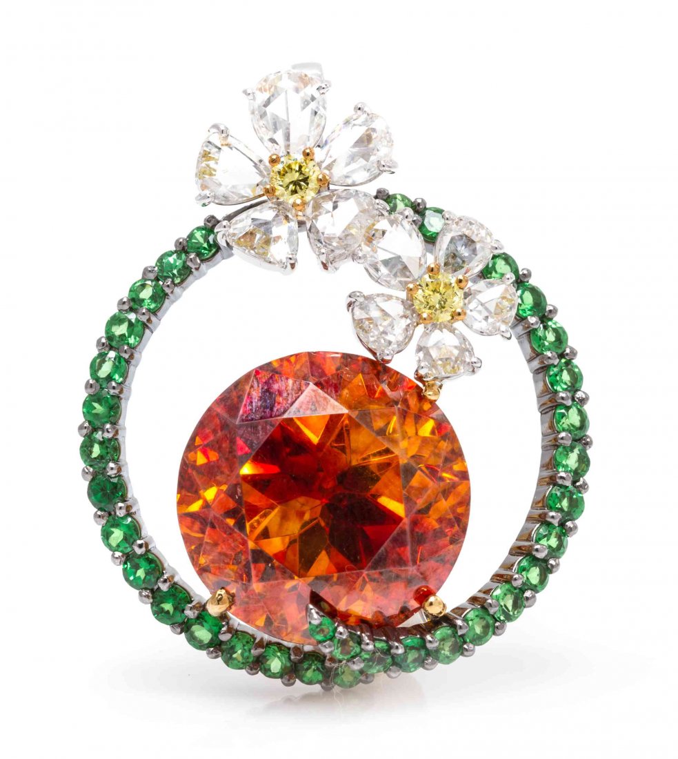 An 18 Karat Gold, Sphalerite, Diamond, Colored Diamond: An 18 Karat Gold, Sphalerite, Diamond, Colored Diamond and Tsavorite Garnet Pendant, Michael Youssoufian, in a stylized foliate motif, containing one round modified brilliant cut orange sphalerite wei