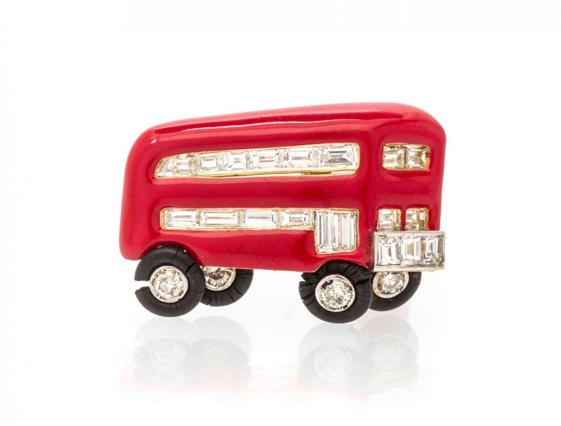 An 18 Karat Yellow Gold, Diamond and Enamel Brooch,: An 18 Karat Yellow Gold, Diamond and Enamel Brooch, Michele della Valle, depicting a London double-decker bus, consisting of a stylized gold base accented in opaque red enamel and containing 17 baguet