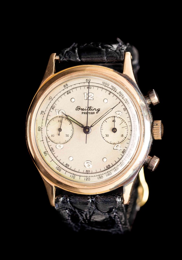 An 18 Karat Yellow Gold Ref. 790 Chronograph: An 18 Karat Yellow Gold Ref. 790 Chronograph Wristwatch, Breitling, 37.00 mm case diameter, matte silvered dial signed BREITLING PREMIER, applied luminous Arabic and dot numerals with outer telemeter 
