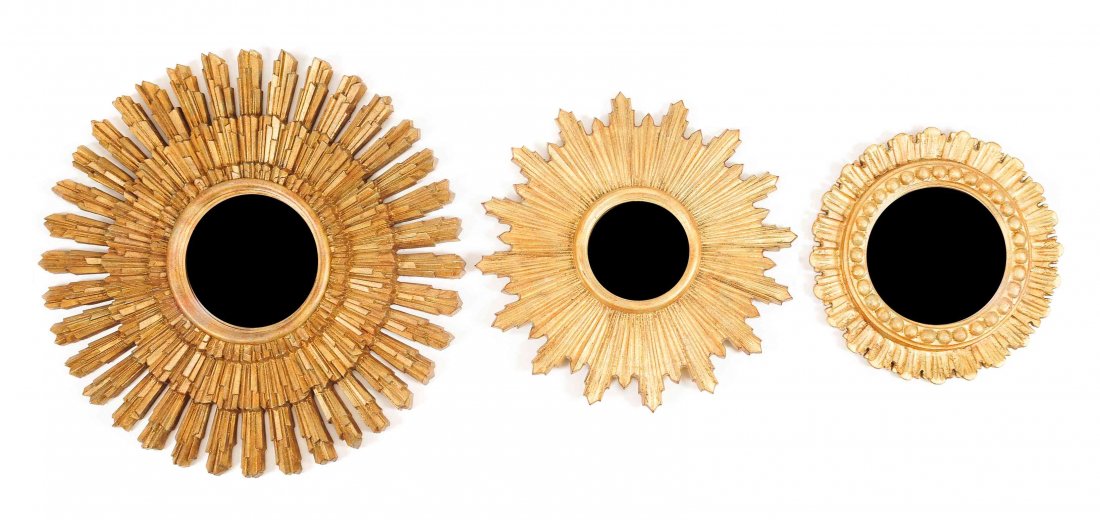 A Group of Three Louis XIV Style Gilt Composition: A Group of Three Louis XIV Style Gilt Composition Convex Mirrors, modern, all sunburst form. Diameter of largest 22 1/4 inches.