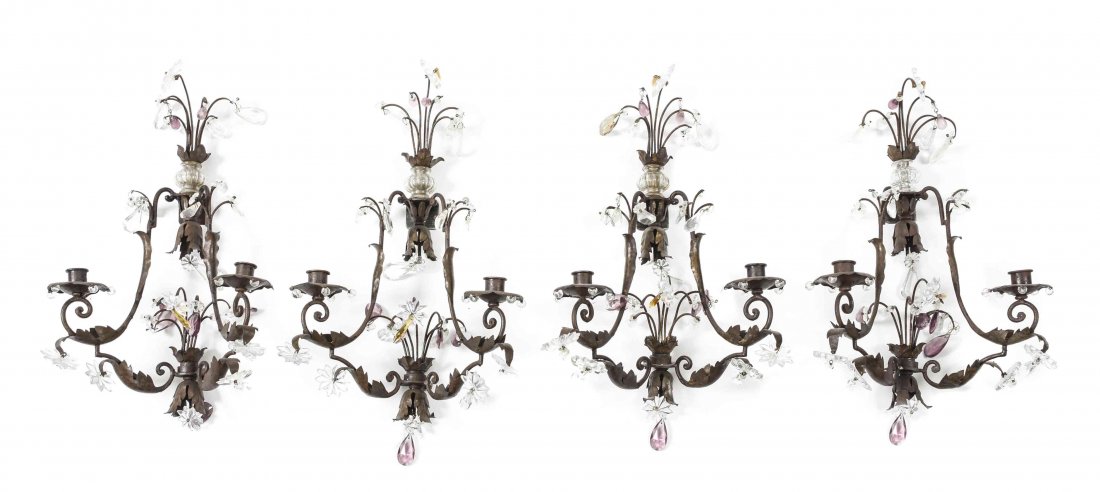 A Set of Four Victorian Metal Two-Light Sconces, Height: A Set of Four Victorian Metal Two-Light Sconces, each having foliate decoration with colorless and colored glass drops. Height 22 inches.