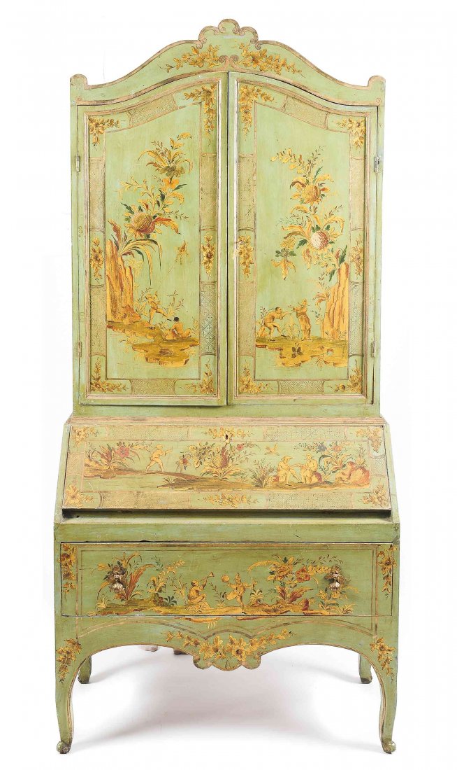 A French Provincial Chinoiserie Painted Secretary: A French Provincial Chinoiserie Painted Secretary Bookcase, likely late 19th century, in two parts, the upper section having a shaped cornice over two doors opening to a shelved interior, the lower se