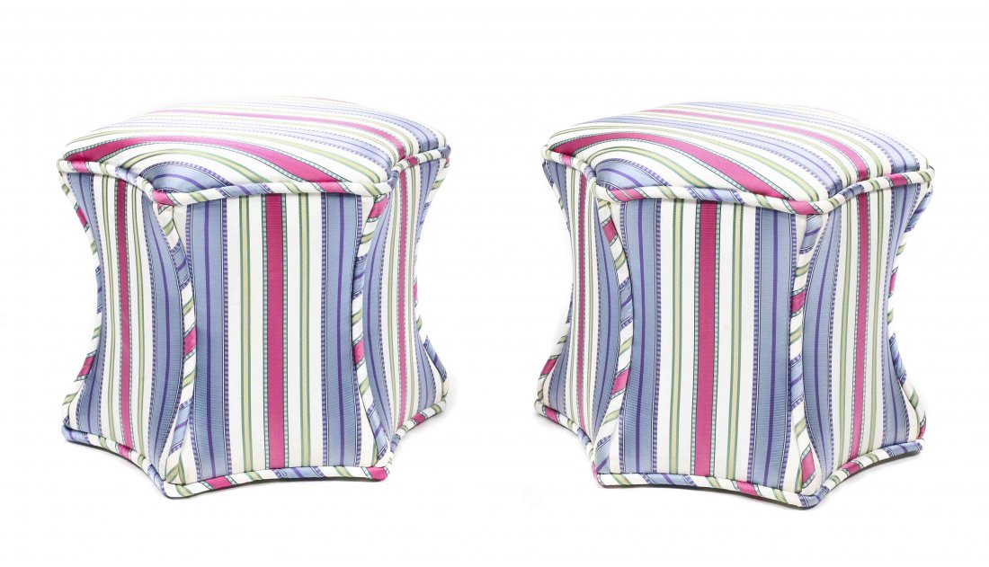 A Pair of Upholstered Footstools, Height 17 1/4 x: A Pair of Upholstered Footstools, hexagonal form with striped upholstery. Height 17 1/4 x diameter 20 1/2 inches.