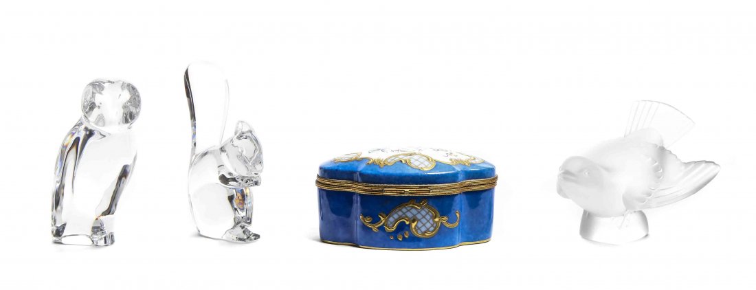 Three Colorless Glass Figurines, Height of tallest 4: Three Colorless Glass Figurines, comprising a Lalique frosted songbird, a Baccarat owl, and a Baccarat squirrel; together with a Limoges porcelain trinket box with blue ground and floral painted lid. 