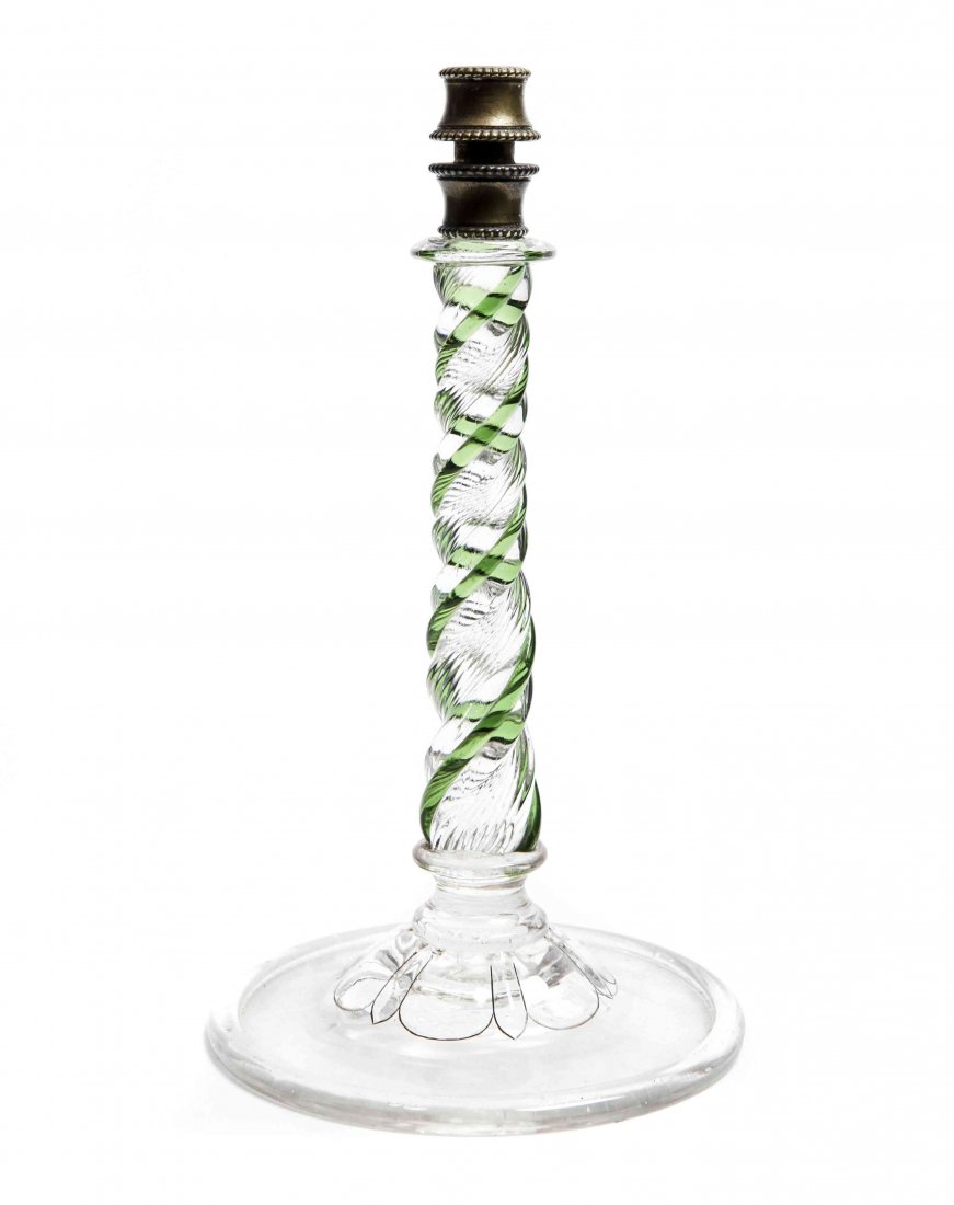 A Webb Clear and Green Glass Candlestick, Height 8 7/8: A Webb Clear and Green Glass Candlestick, having a tapering spiral twist stem over a circular foot, having an acid etched signature to the underside. Height 8 7/8 inches. Property from a Distinguished