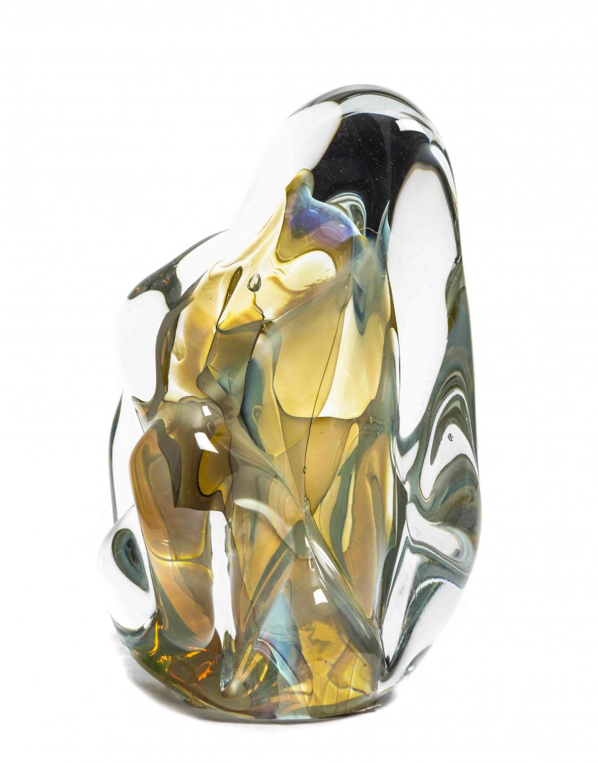 A Contemporary Studio Glass Sculpture, Chris Heilman,: A Contemporary Studio Glass Sculpture, Chris Heilman, of abstract form colorless glass over pale green and blue, etched Chris Heilman 1992 Silver Glass. Height 11 1/2 inches.