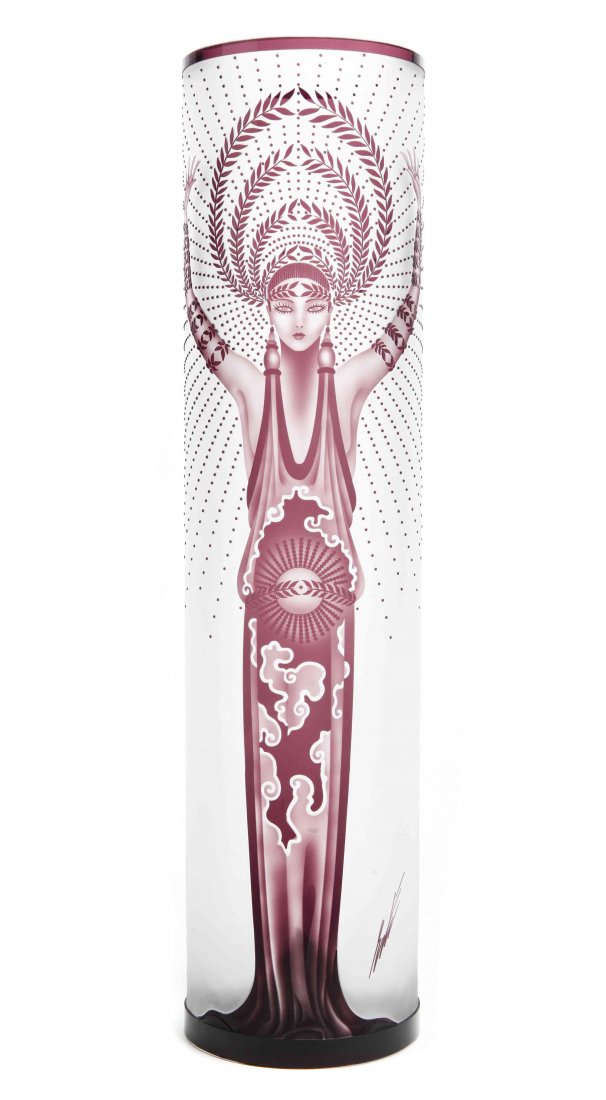Erte Diana" Limited Edition Colorless and Burgundy: Erte "Diana" Limited Edition Colorless and Burgundy Flashed Etched Glass Vase, by Sevenarts Ltd., of tall cylindrical form, etched with a female figure amidst etched dots, etched Sevenarts Ltd. to und