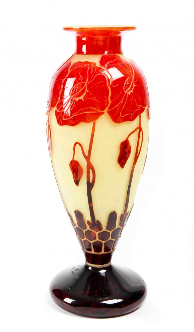A Le Verre Francais Cameo Glass Vase, Charles: A Le Verre Francais Cameo Glass Vase, Charles Schneider, in the Pavots pattern, with red floral decoration on a translucent frosted and mottled yellow reserve, etched Le Verre Francais to the foot. H