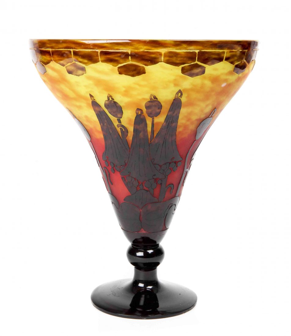 A Le Verre Francais Cameo Glass Vase, Charles: A Le Verre Francais Cameo Glass Vase, Charles Schneider, in the Campanules pattern, with brown floral decoration on a translucent frosted and mottled yellow and red reserve, etched Le Verre Francais t