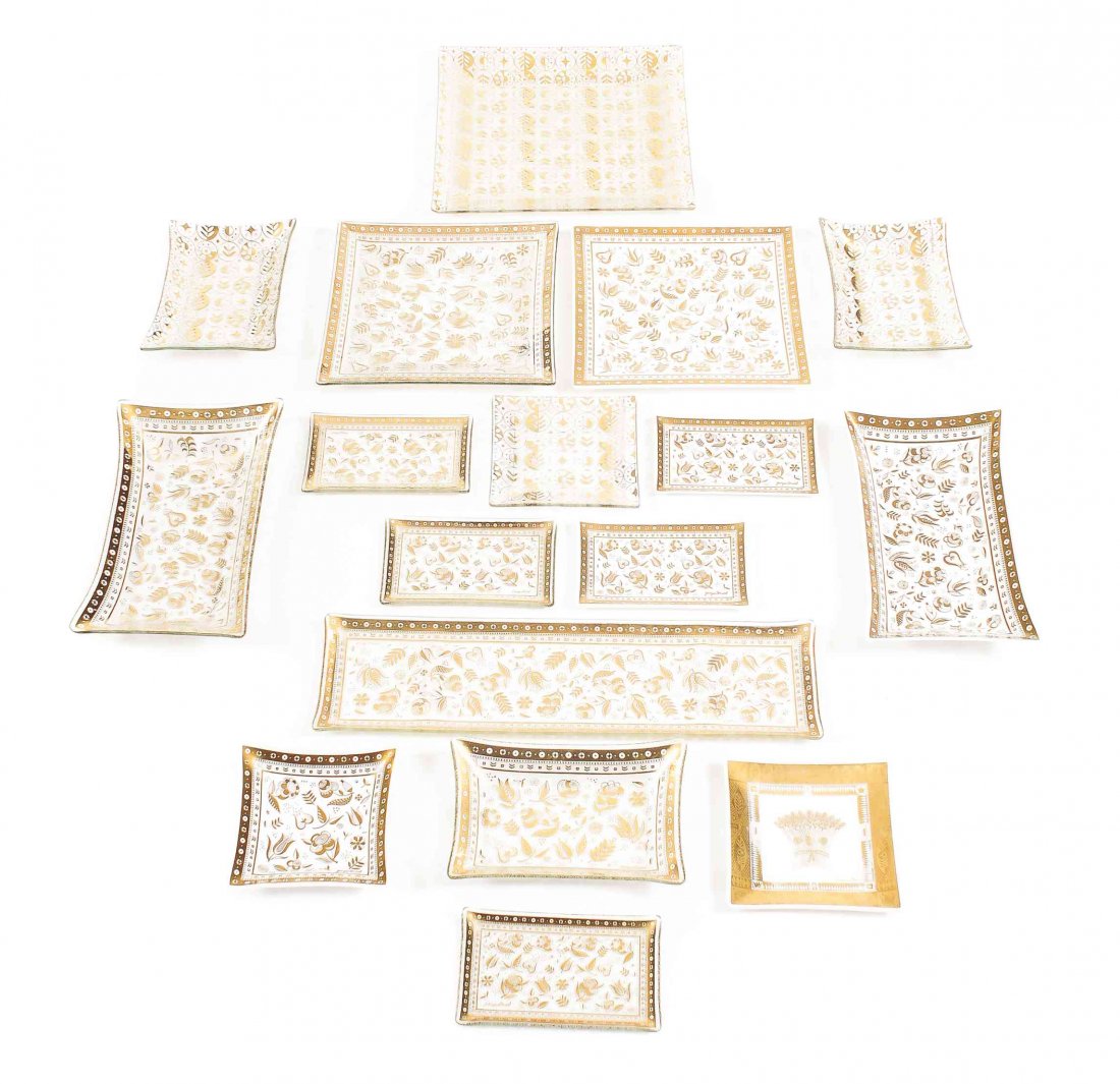 A Collection of Georges Briard Gilt Glass Table: A Collection of Georges Briard Gilt Glass Table Articles, second half 20th century, comprising 1 square platter, 1 rectangular serving bowl, 1 small square dish and 2 small rectangular dishes in white