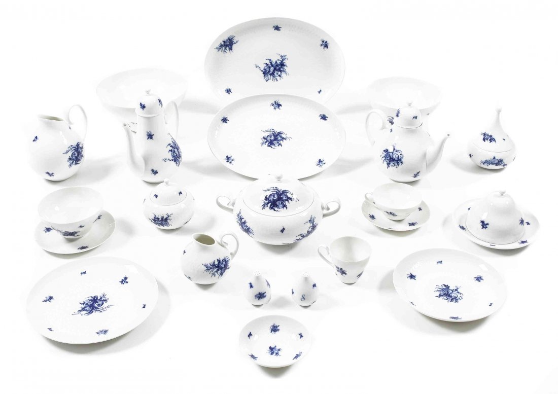 A Rosenthal Porcelain Partial Dinner Service, Bjorn: A Rosenthal Porcelain Partial Dinner Service, Bjorn Wiinblad, in the Rhapsody in Blue pattern, comprising 24 dinner plates, 24 luncheon plates, 23 dessert plates, 20 side plates, 16 teacups and 23 sau