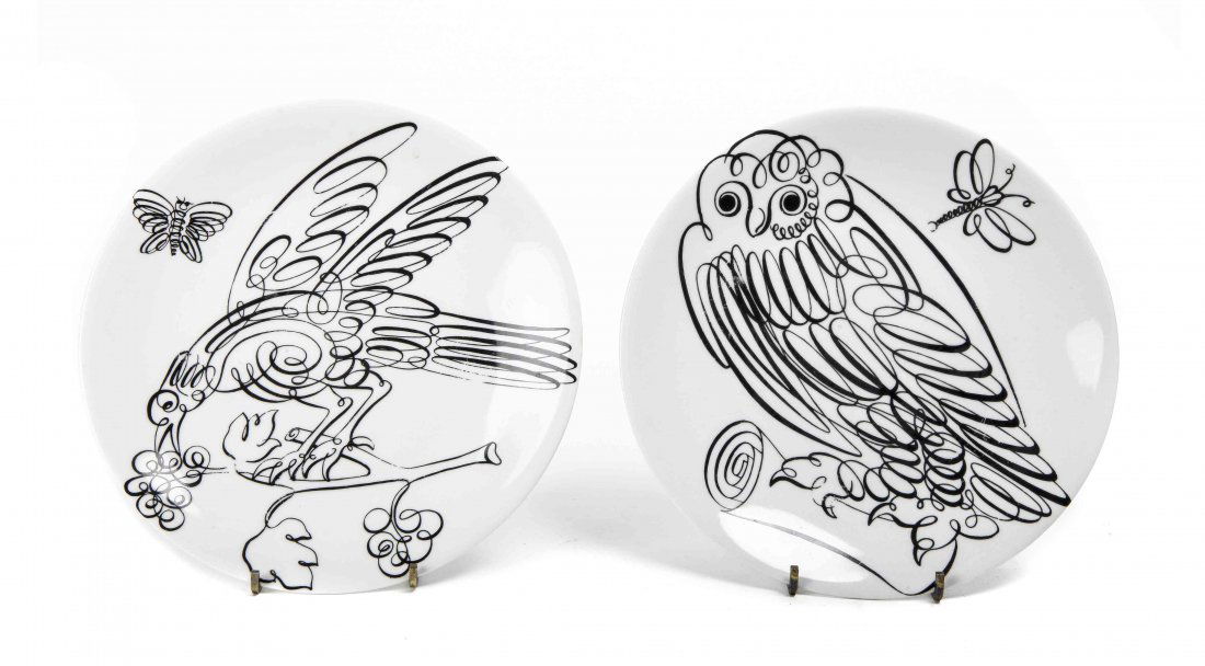Two Fornasetti Porcelain Dessert Plates, Diameter 8 1/4: Two Fornasetti Porcelain Dessert Plates, numbers 5 and 6 from the "Uccelli Calligrafici" series. Diameter 8 1/4 inches. Property from a Distinguished Private Collection, Chicago and Palm Beach