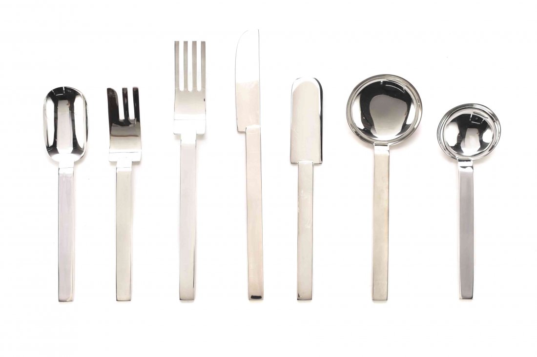 An American Silver-Plate Flatware Service, Russell: An American Silver-Plate Flatware Service, Russell Wright for MoMa, New York, NY, Circa 1999, designed in 1933, comprising 4 dinner knives 4 dinner forks 4 butter spreaders 4 salad forks 4 soup spoons