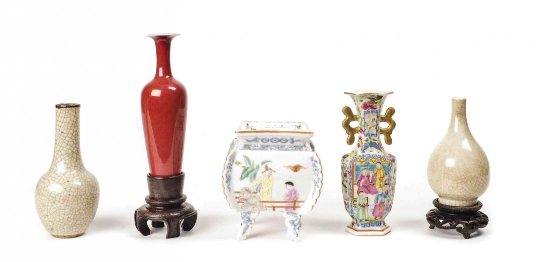 A Collection of Five Asian Porcelain Vases, Height of: A Collection of Five Asian Porcelain Vases, Height of tallest 8 inches including stand. Property of a Palm Beach Estate