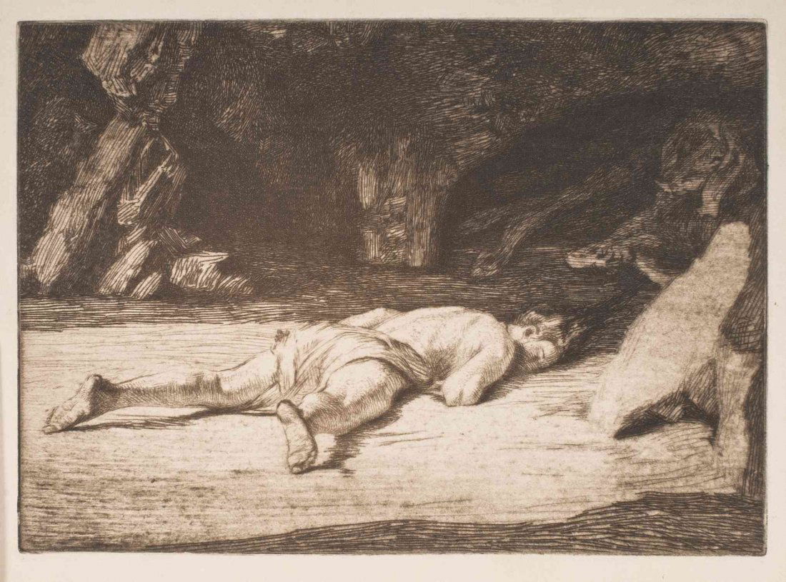 Eugene Delacroix, (French, 1798-1863), Fallen Man: Eugene Delacroix (French, 1798-1863) Fallen Man etching 6 3/4 x 9 3/8 inches. Property from the Estate of Martin Gordon, New York, New York and Naples, Florida