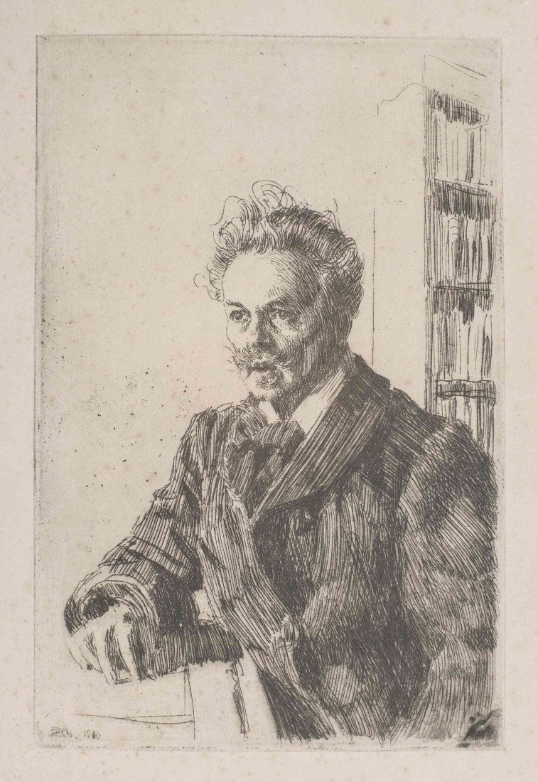 Anders Zorn, (Swedish, 1860-1920), August Strindberg,: Anders Zorn (Swedish, 1860-1920) August Strindberg, 1910 etching 12 x 8 inches. Ref: Asplund, 231 Property from the Estate of Martin Gordon, New York, New York and Naples, Florida