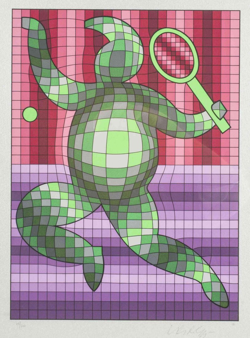 Victor Vasarely, (Hungarian, 1908-1997), Whimsical: Victor Vasarely (Hungarian, 1908-1997) Whimsical Abstract Print of a Turtle Tennis Player lithograph edition 63/200, signed Vasarely (lower right) 16 x 12 1/2 inches.