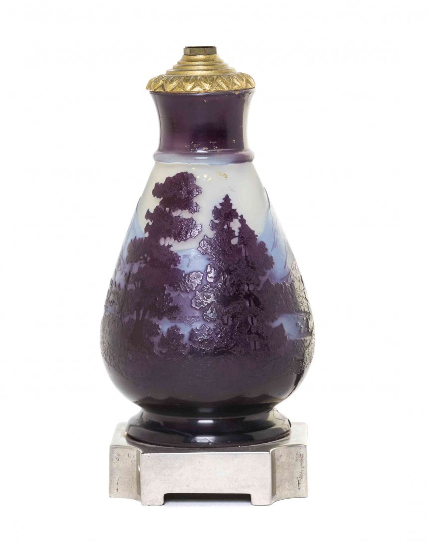 A Galle Cameo Glass Table Lamp, Height of glass 6 1/4: A Galle Cameo Glass Table Lamp, of baluster form with a continuous mountainscape, signed Galle in cameo. Height of glass 6 1/4 inches.