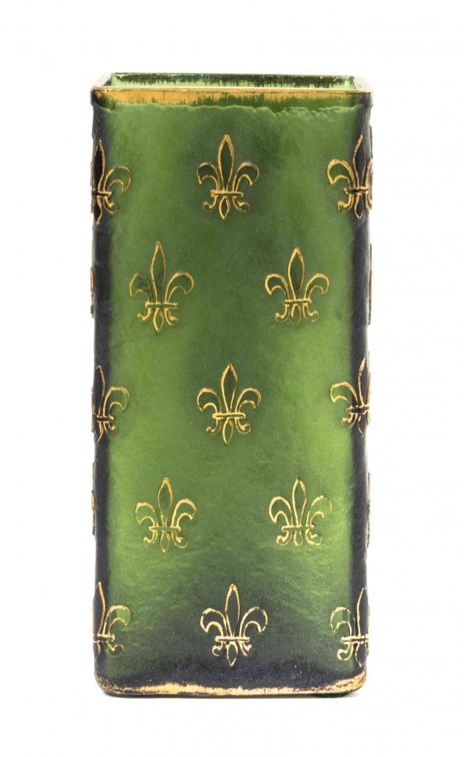 A Daum Cameo Glass Vase, Height 7 1/2 inches.: A Daum Cameo Glass Vase, of square form with repeating enameled gilt fleur-de-lis decoration, on a textured green ground, etched Daum Nancy with the Cross of Lorraine. Height 7 1/2 inches.
