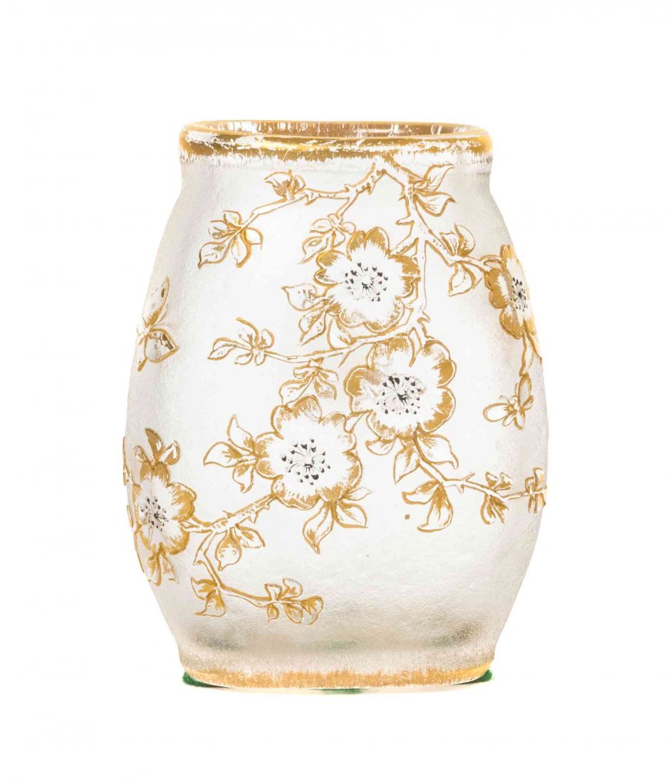 A Daum Cameo Glass Vase, Height 4 inches.: A Daum Cameo Glass Vase, of flattened tapering form with gilt enameled floral and butterfly decoration on a textured ground, impressed Daum Nancy in the glass with the Cross of Lorraine. Height 4 inch
