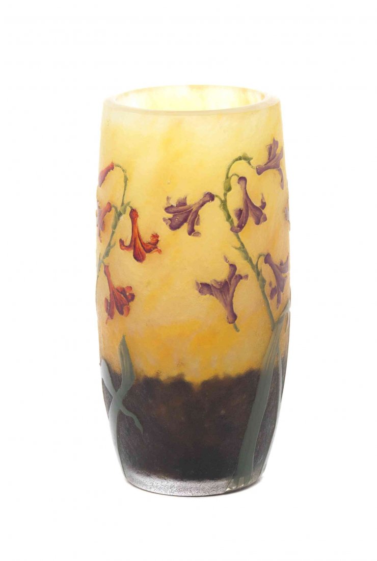 A Daum Enameled Cameo Glass Vase, Height 4 7/8 inches.: A Daum Enameled Cameo Glass Vase, of barrel form decorated with violets on a mottled ground, signed Daum Nancy with the Cross of Lorraine in gilt. Height 4 7/8 inches. The Estate of Steven R. Goldberg