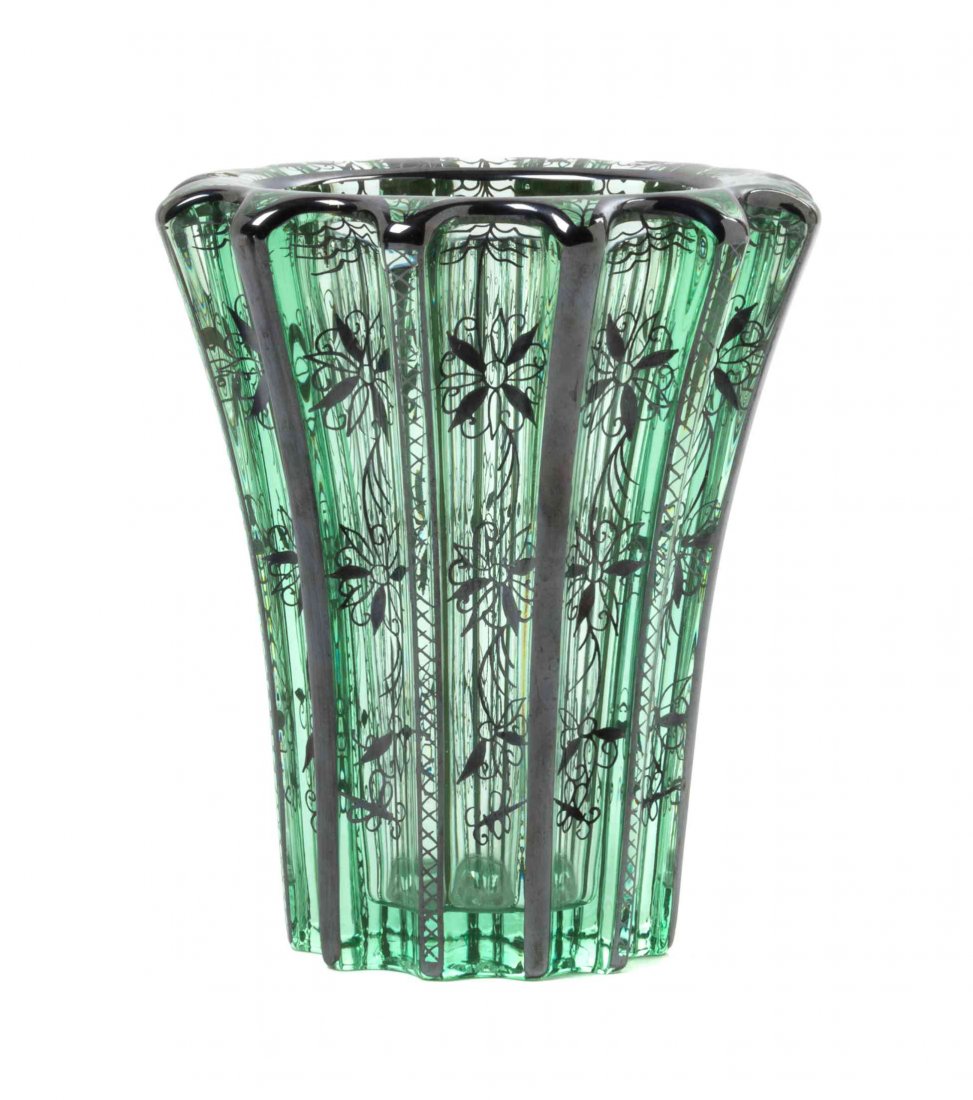 A Pierre D'Avesn Glass Vase, French (1901-1990), Height: A Pierre D'Avesn Glass Vase, French (1901-1990), of tapering ribbed form with silvered floral decoration throughout, signed P D'Avesn Made in France. Height 6 1/2 inches.