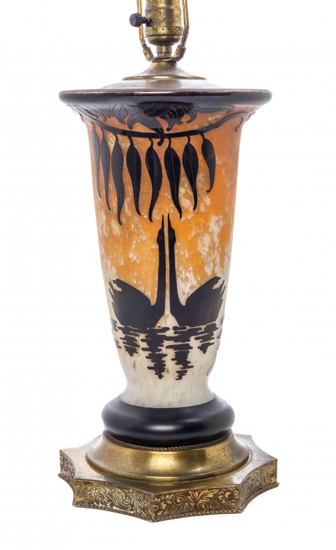 A Charles Schneider Cameo Glass Lamp Base, Height 14: A Charles Schneider Cameo Glass Lamp Base, of tapering form with repeating swan decoration on a mottled ground, signed Charder in cameo, further etched Le Verre Francais. Height 14 inches.