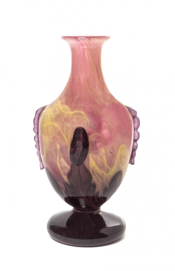 A Charles Schneider Glass Vase, Height 9 3/4 inches.: A Charles Schneider Glass Vase, of bottle form with a mottled pink ground, having applied decoration, raised on on a circular foot, etched Schneider. Height 9 3/4 inches.
