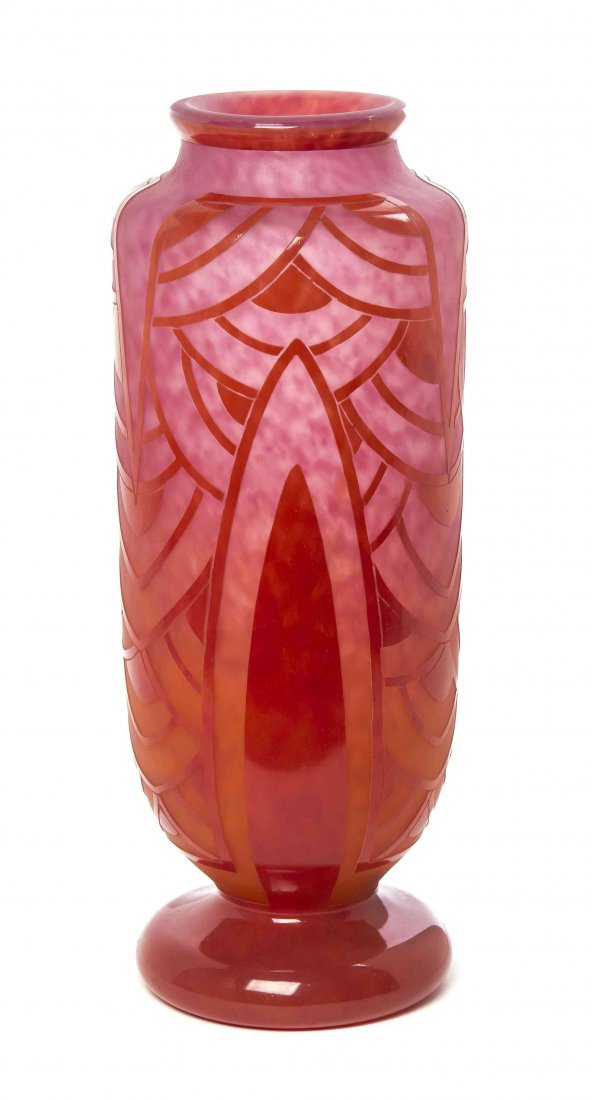 A Charles Schneider Acid Cut Glass Vase, Height 19: A Charles Schneider Acid Cut Glass Vase, of tapering form, with geometric decoration throughout on a pink mottled ground, etched Charder Le Verre Francais, further stamped France. Height 19 inches.