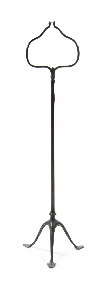 A Tiffany Studios Bronze Harp Lamp Base, Height 54 1/8: A Tiffany Studios Bronze Harp Lamp Base, having a shaped standard, raised on four tapering legs ending in flattened pad feet, unsigned. Height 54 1/8 inches.