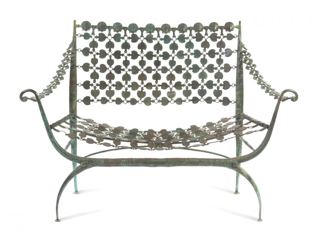 A Patinated Bronze Settee, after the design by Armand: A Patinated Bronze Settee, after the design by Armand Rateau for George and Florence Blumenthal, the crest rail with repeating shell decoration over a chain link back and seat in the form of interlock