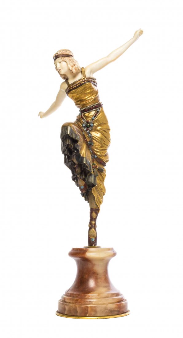 A French Enamel, Gilt Bronze and Ivory Figure, Paul: A French Enamel, Gilt Bronze and Ivory Figure, Paul Philippe (1870-1930), Russian Dancer, depicting a dancing Art Deco maiden, raised on an onyx socle, the base signed Phillipe. Height overall 16 1/4