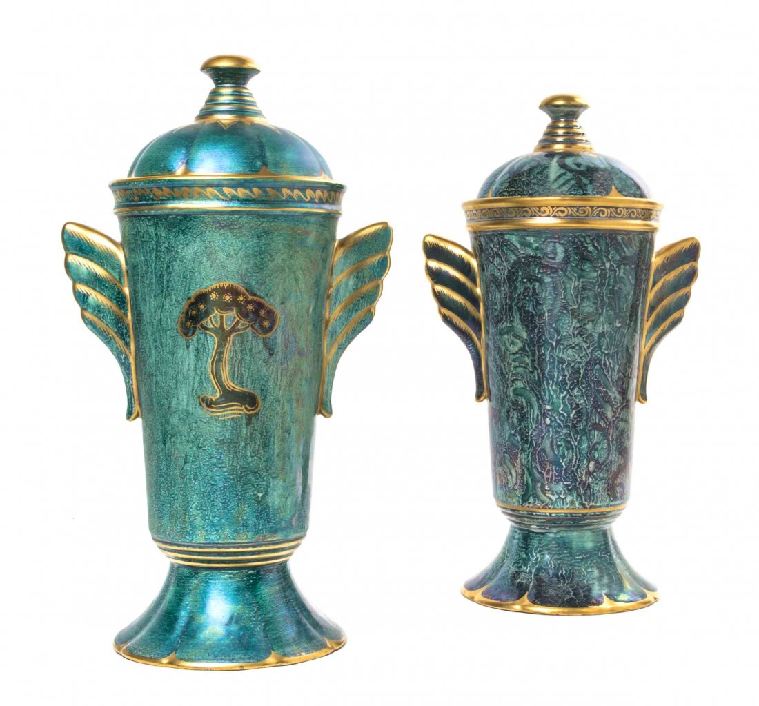 An Assembled Pair of Swedish Art Deco Ceramic Covered: An Assembled Pair of Swedish Art Deco Ceramic Covered Vases, Gustavsberg, each of tapering handled form, one decorated with a stylized tree, having anchor mark in gilt, one designed by J.E. Ekberg. He