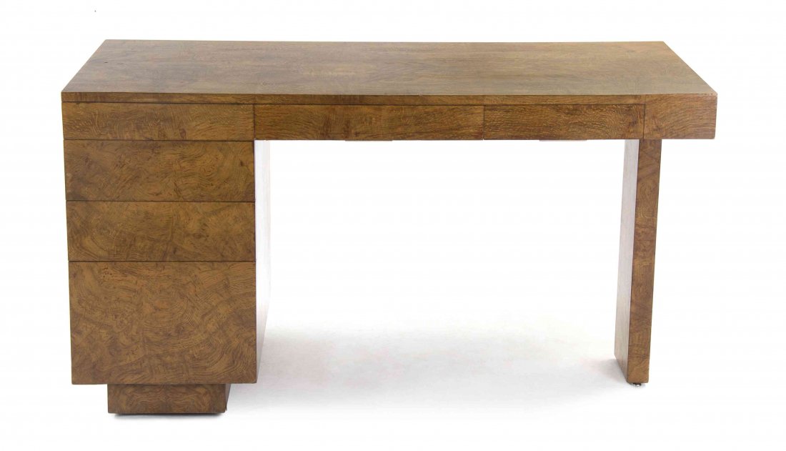 A Samuel Marx Burlwood Desk, American (1885-1964),: A Samuel Marx Burlwood Desk, American (1885-1964), having a rectangular top, raised on a singular pedestal set with four graduated drawers and a columnar support, with Quigley mark to underside. Heigh