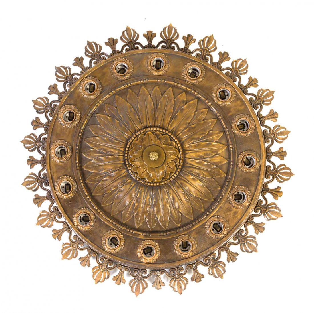 An American Bronze Sixteen-Light Fixture, Diameter 25: An American Bronze Sixteen-Light Fixture, of circular form with cast foliate decoration, having a pierced rim, removed from the Fisher Building, Chicago, Illinois. Diameter 25 1/4 inches.