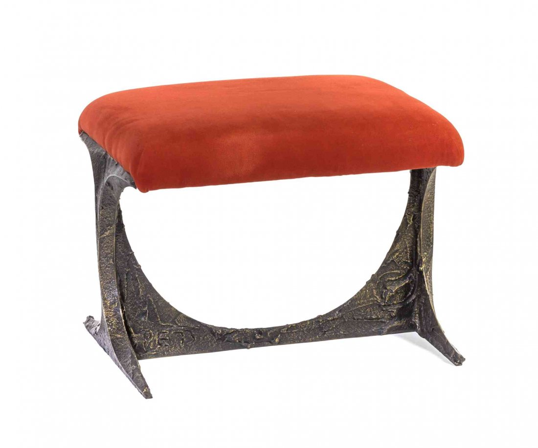 A Paul Evans Sculpted Bronze Bench, American: A Paul Evans Sculpted Bronze Bench, American (1931-1987), for Directional, having an upholstered rectangular top, raised on twin supports joined by a stretcher, initialed P.E. and dated '73, bearing o