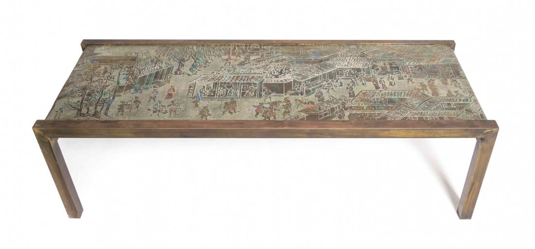 A Philip and Kelvin Laverne Bronze Low Table, American: A Philip and Kelvin Laverne Bronze Low Table, American (1907-1987), (b.1937), from the Chan series, the rectangular top decorated with a chinoiserie scene, having a raised signature. Height 16 x width