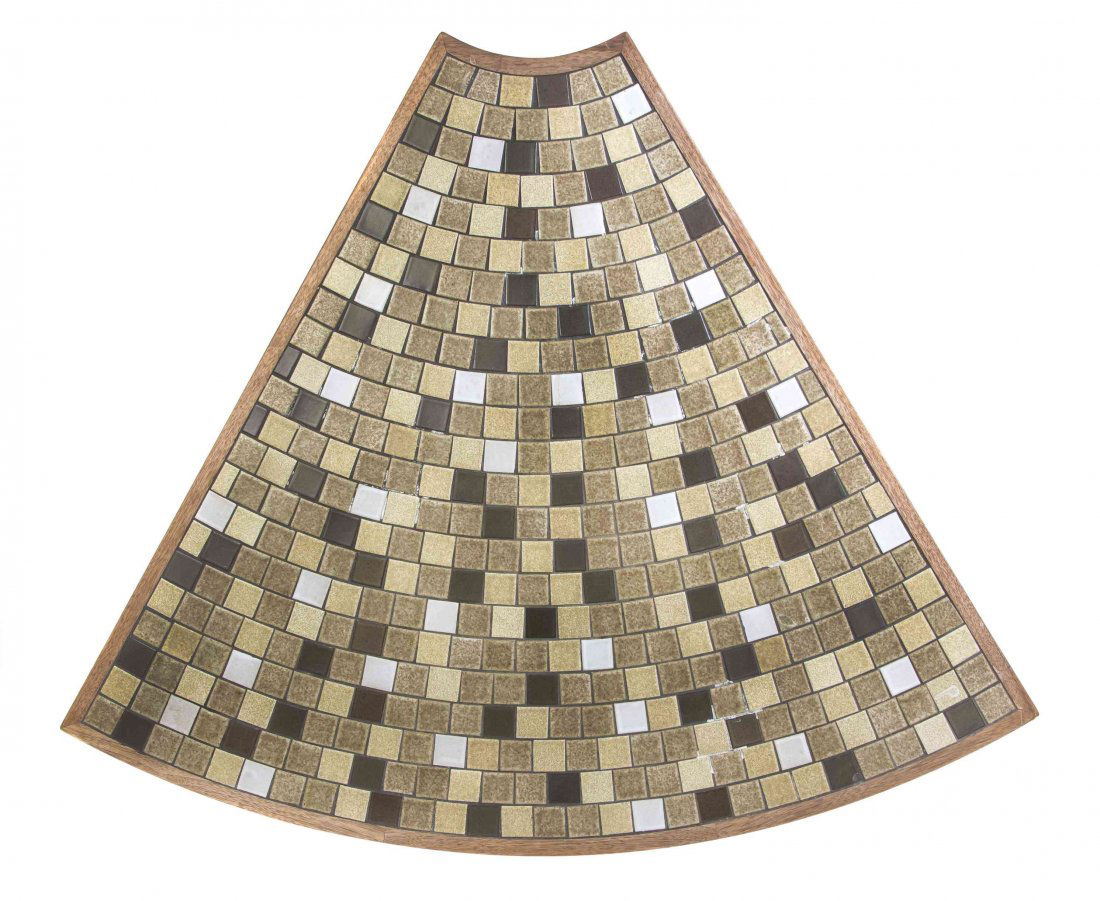 An American Walnut and Tiled Occasional Table, Gordon: An American Walnut and Tiled Occasional Table, Gordon and Jane Martz Walnut, for Marshall Studios, having a triangular top with inset tiles, raised on tapering legs. Height 20 inches.