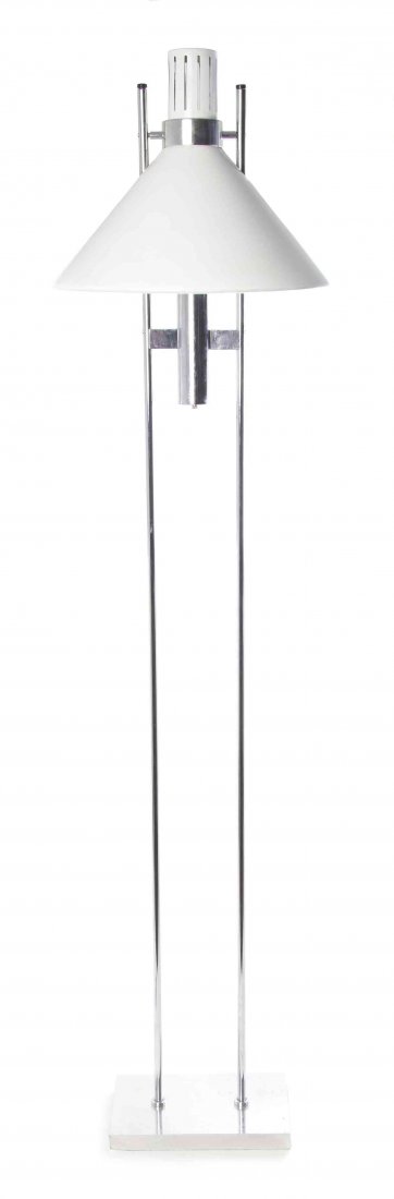 An American Chromed Floor Lamp, Robert Sonneman, Height: An American Chromed Floor Lamp, Robert Sonneman, the enameled shade of conical form, raised on twin supports over a square foot. Height 58 inches.