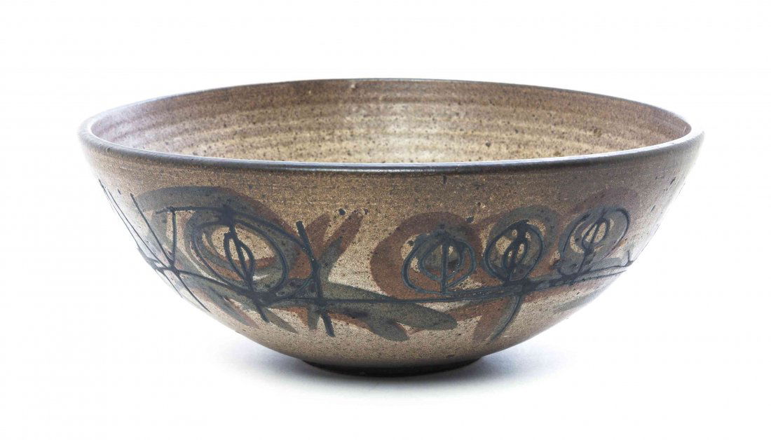 An American Ceramic Bowl, Clyde Burt (1922-1981),: An American Ceramic Bowl, Clyde Burt (1922-1981), of tapering form with a continuous band of geometric decoration, impressed CB. Diameter 11 5/8 inches.