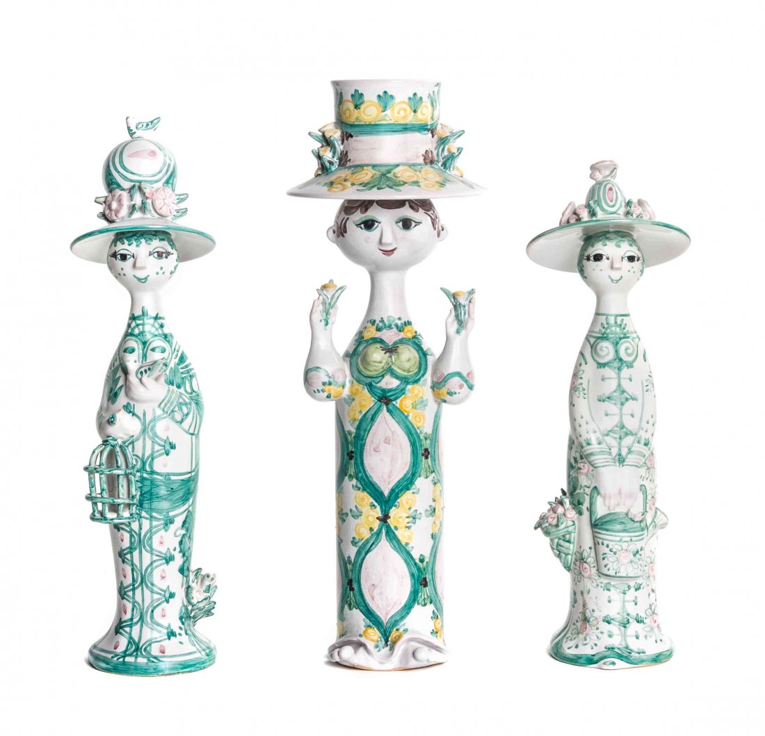 Three Danish Pottery Figures, Bjorn Wiinblad: Three Danish Pottery Figures, Bjorn Wiinblad (1918-2006), each in the form of a female depicting spring, summer and fall, signed by the artist. Height 15 1/4 inches. Property from the Collection of Th