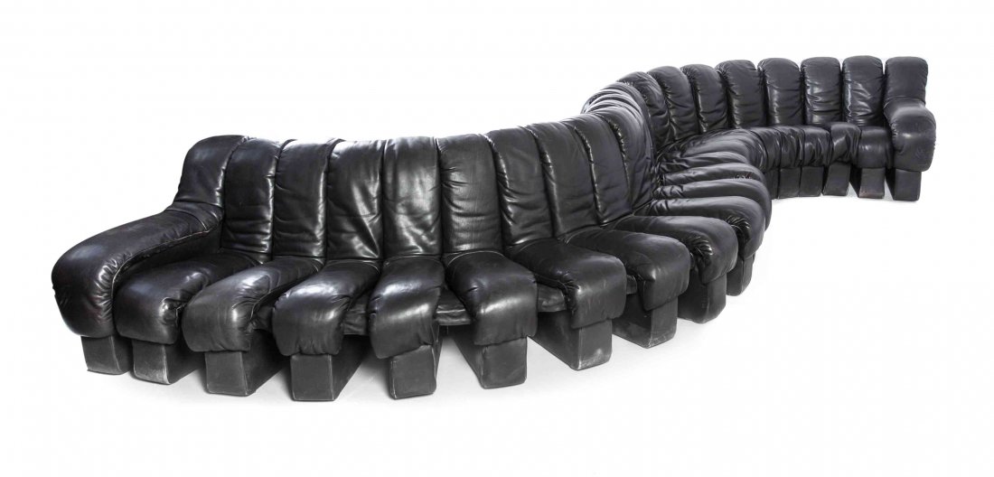 A Ueli Berger, Eleanora Peduzzi-Riva and Heinz Ulrich: A Ueli Berger, Eleanora Peduzzi-Riva and Heinz Ulrich Non-Stop Upholstered Sofa, comprising 22 interchangeable leather parts, with a paper label to base. Height of each section 29 1/2 x width 9 1/2 x