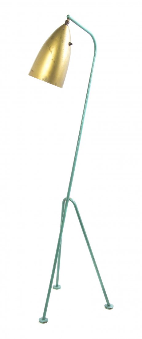 A Greta Magnusson Grossman Enameled Steel and Aluminum: A Greta Magnusson Grossman Enameled Steel and Aluminum Grasshopper Floor Lamp, Swedish (1906-1999), the shade of conical form, over a cylindrical standard raised on three legs ending in circular feet.