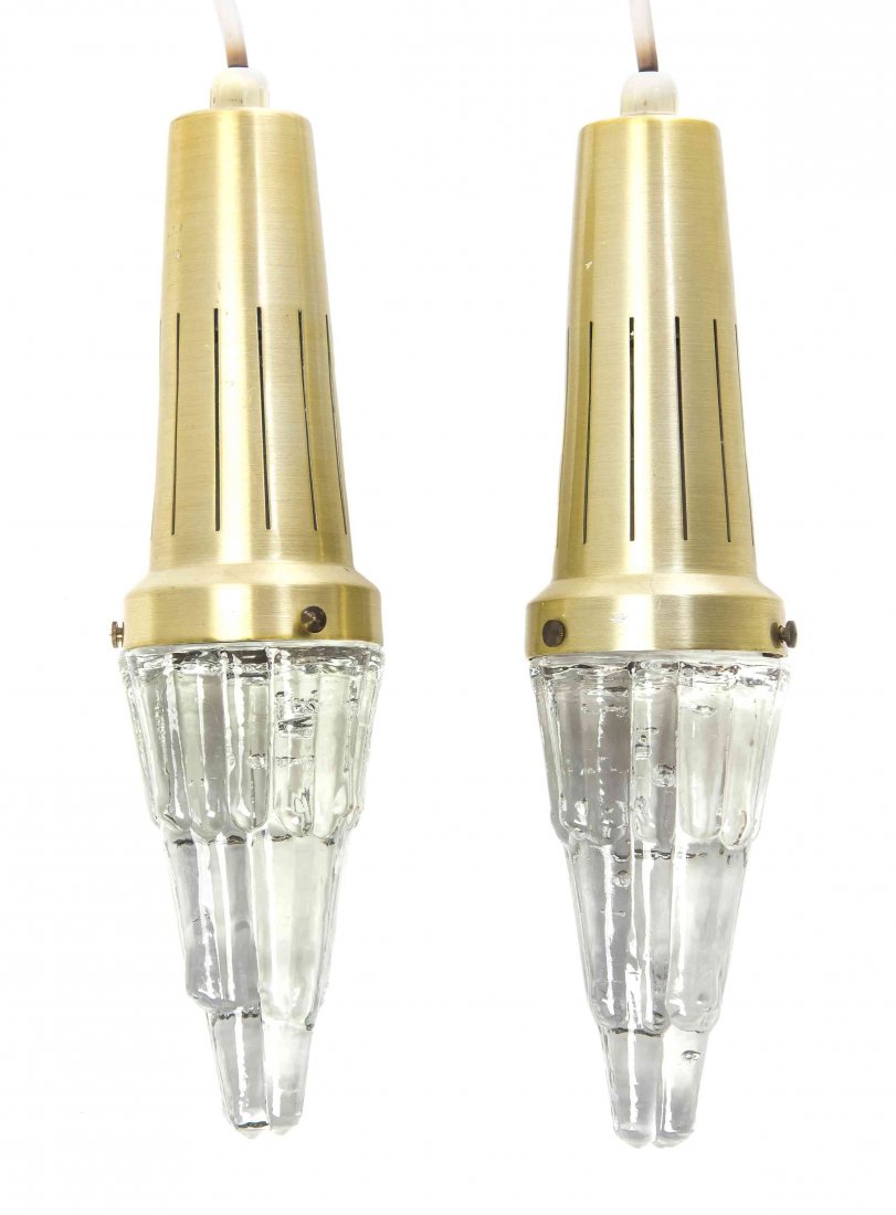 A Pair of Swedish Glass Pendant Lamps, Carl Fagerlund: A Pair of Swedish Glass Pendant Lamps, Carl Fagerlund (b. 1915), for Orrefors, each of tapering form with brushed metal mounts. Height 11 inches.