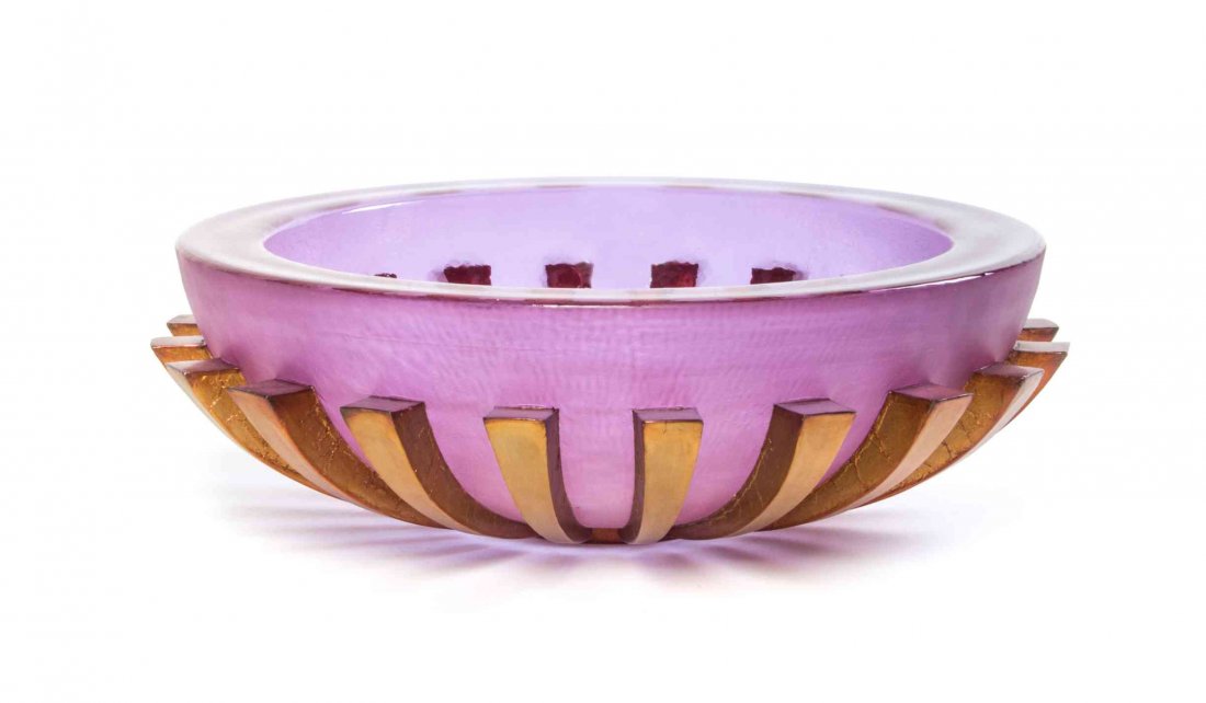 An American Studio Glass Bowl, George Bucquet (b.: An American Studio Glass Bowl, George Bucquet (b. 1954), of tapering ribbed form with copper hightlights, signed Bucquet 06. Height 6 3/4 inches.