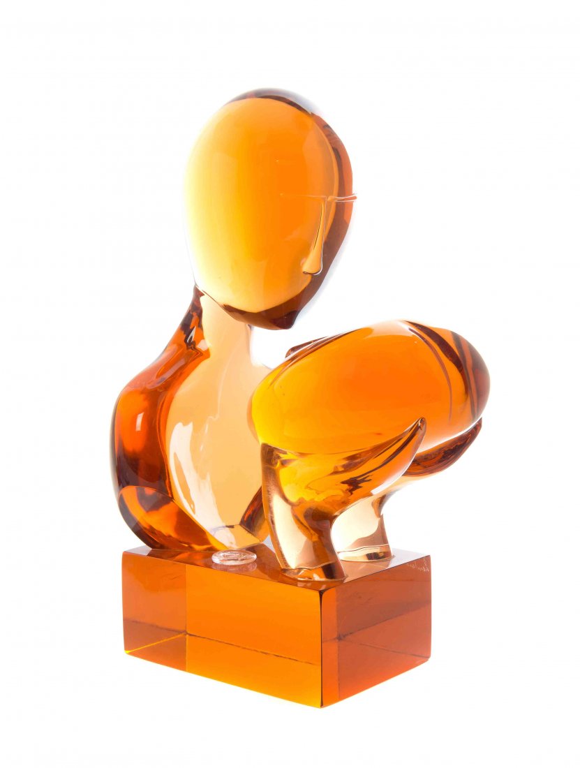 An Italian Studio Glass Sculpture, Loredano Rosin: An Italian Studio Glass Sculpture, Loredano Rosin (1936-1991), depicting two figures embracing for a kiss with an amber ground, raised on a rectangular base, etched Loredano Rosin. Height 17 inches. P