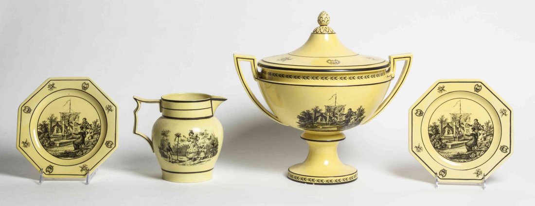 A Collection of Mottahedeh Porcelain Articles, Width of: A Collection of Mottahedeh Porcelain Articles, after the creil models, comprising a tureen, two octagonal plates, and a pitcher. Width of first over handles 13 1/2 inches. Property from the Estate of 
