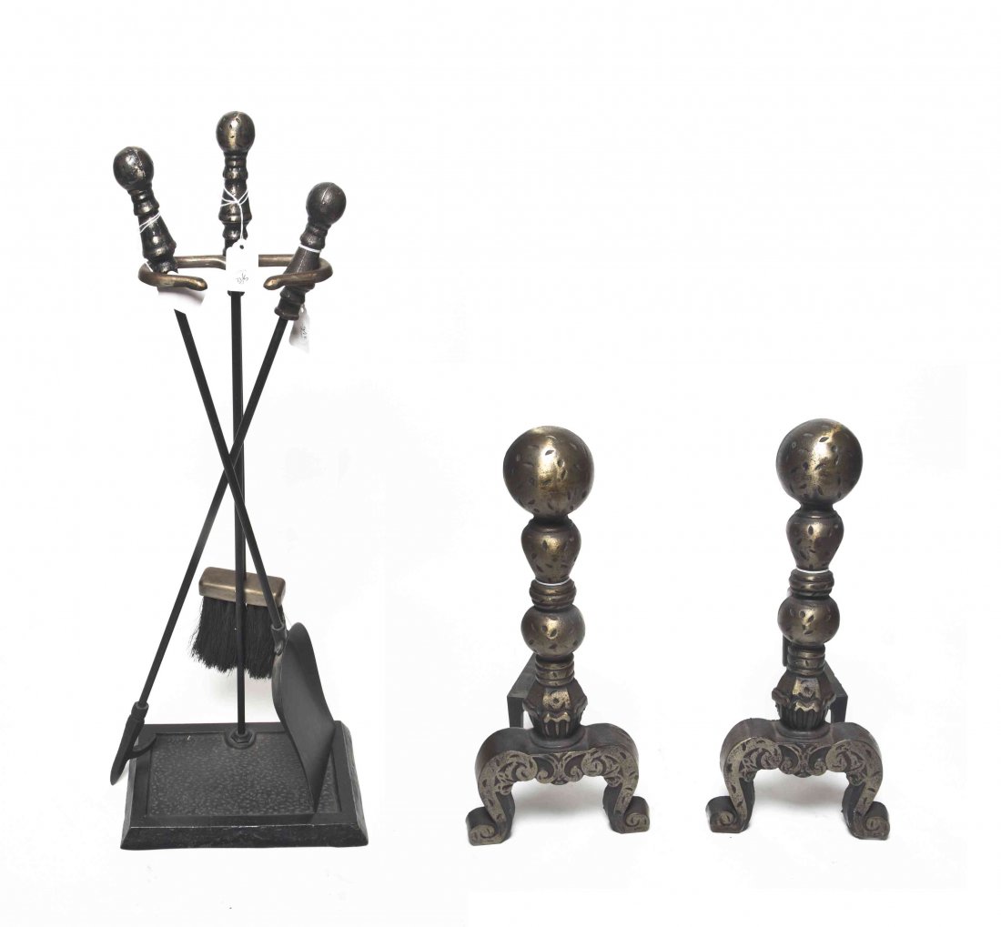 A Set of Fireplace Tools, Height of andirons 14 inches.: A Set of Fireplace Tools, together with a pair of andirons. Height of andirons 14 inches. Property from the Estate of Daniel J. and Ruth Edelman, Chicago, Illinois